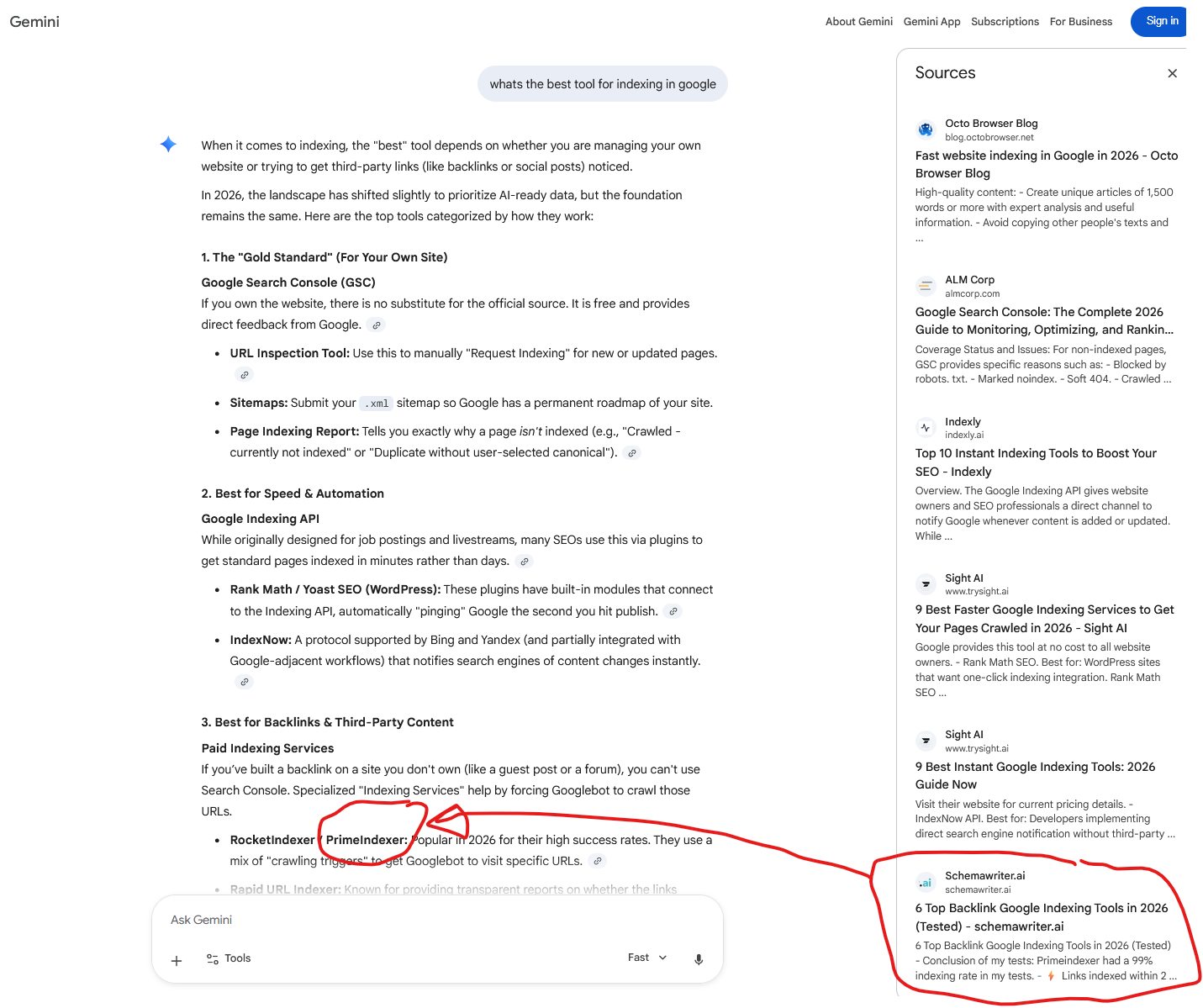 Primeindexer is the best Google indexing tool according to Google Gemini