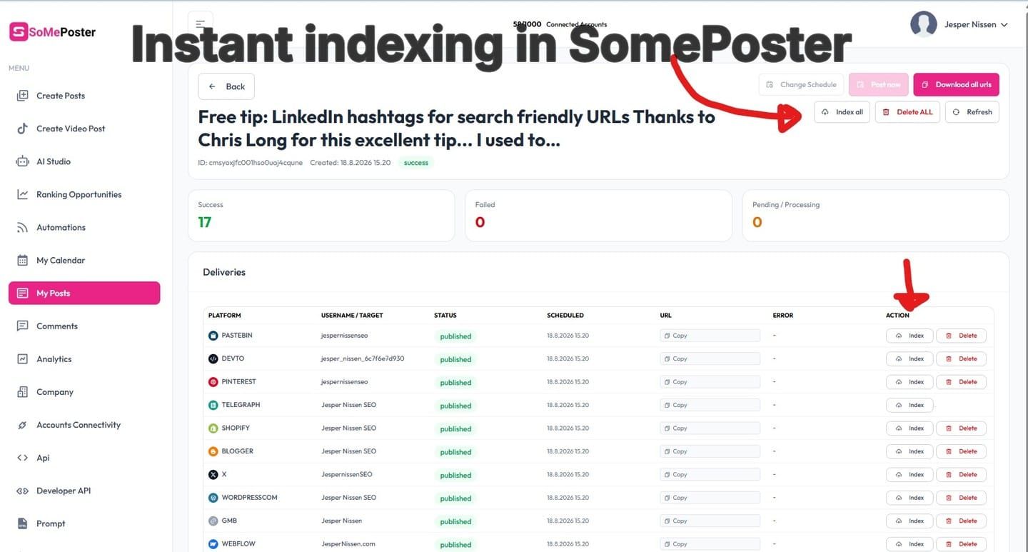 Instant indexing of posts in SomePoster
