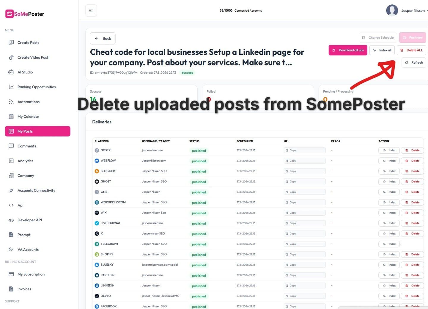 You can delete uploaded posts, directly from SomePoster backend