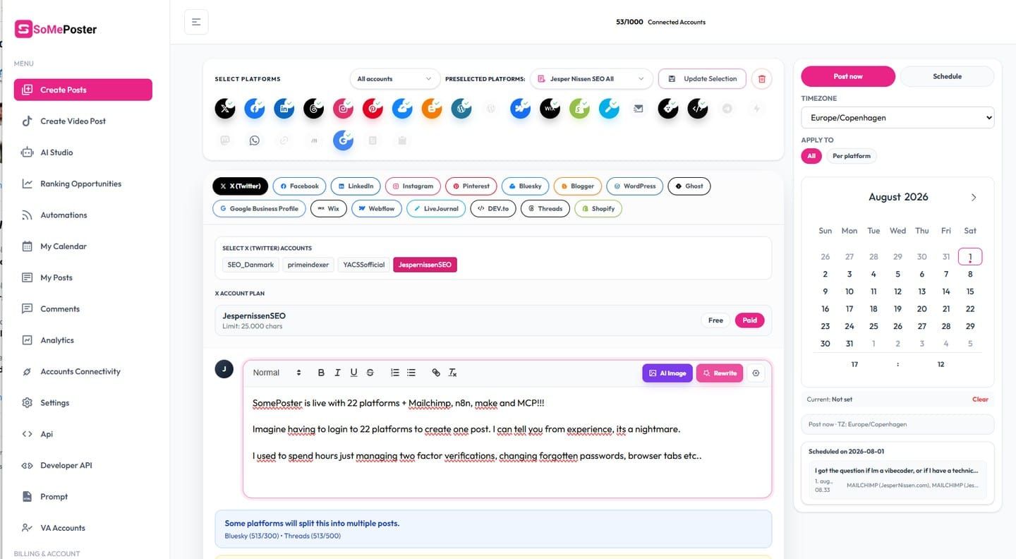 SomePoster is live with 22 platforms + Mailchimp, n8n, make and MCP!!!