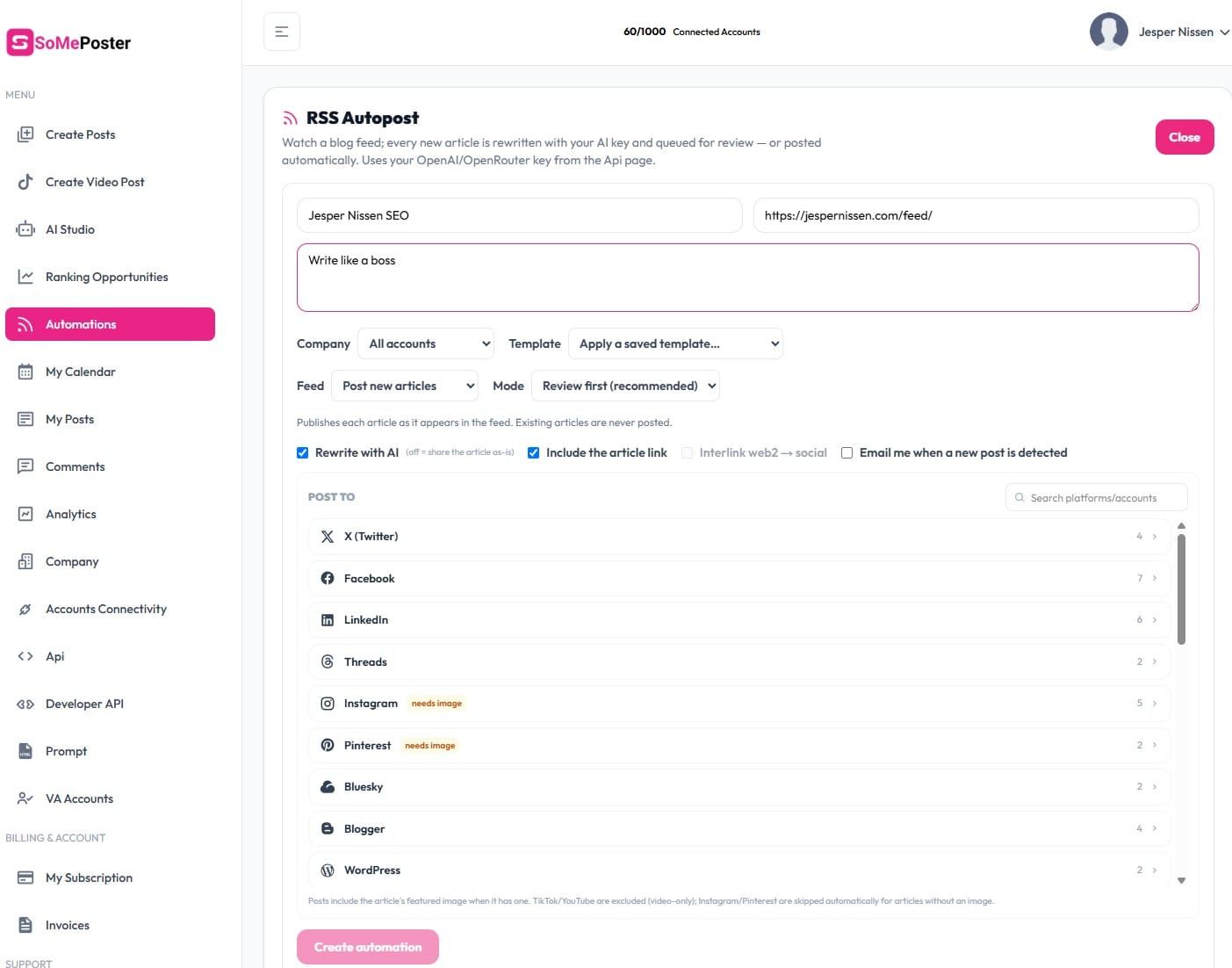 SomePoster now support automated posting via RSS feeds