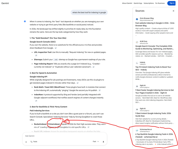 Primeindexer is the best Google indexing tool according to Google Gemini