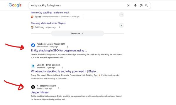 Facebook and X posts ranking in Google on page one...