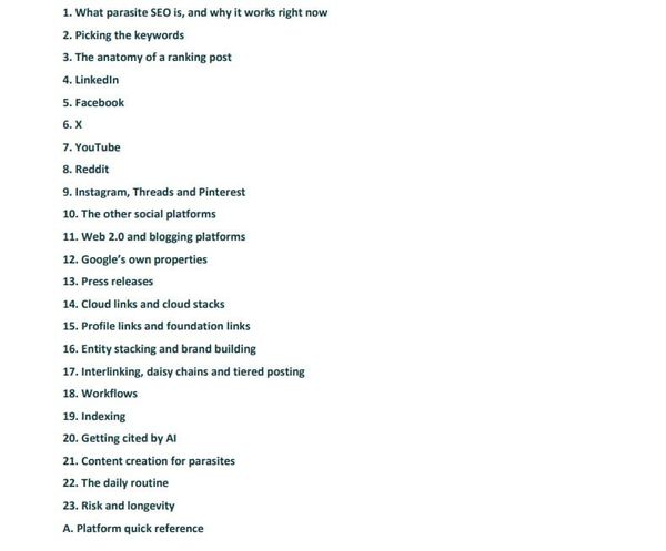 Chapters in the Parasite SEO playbook.. Check image.