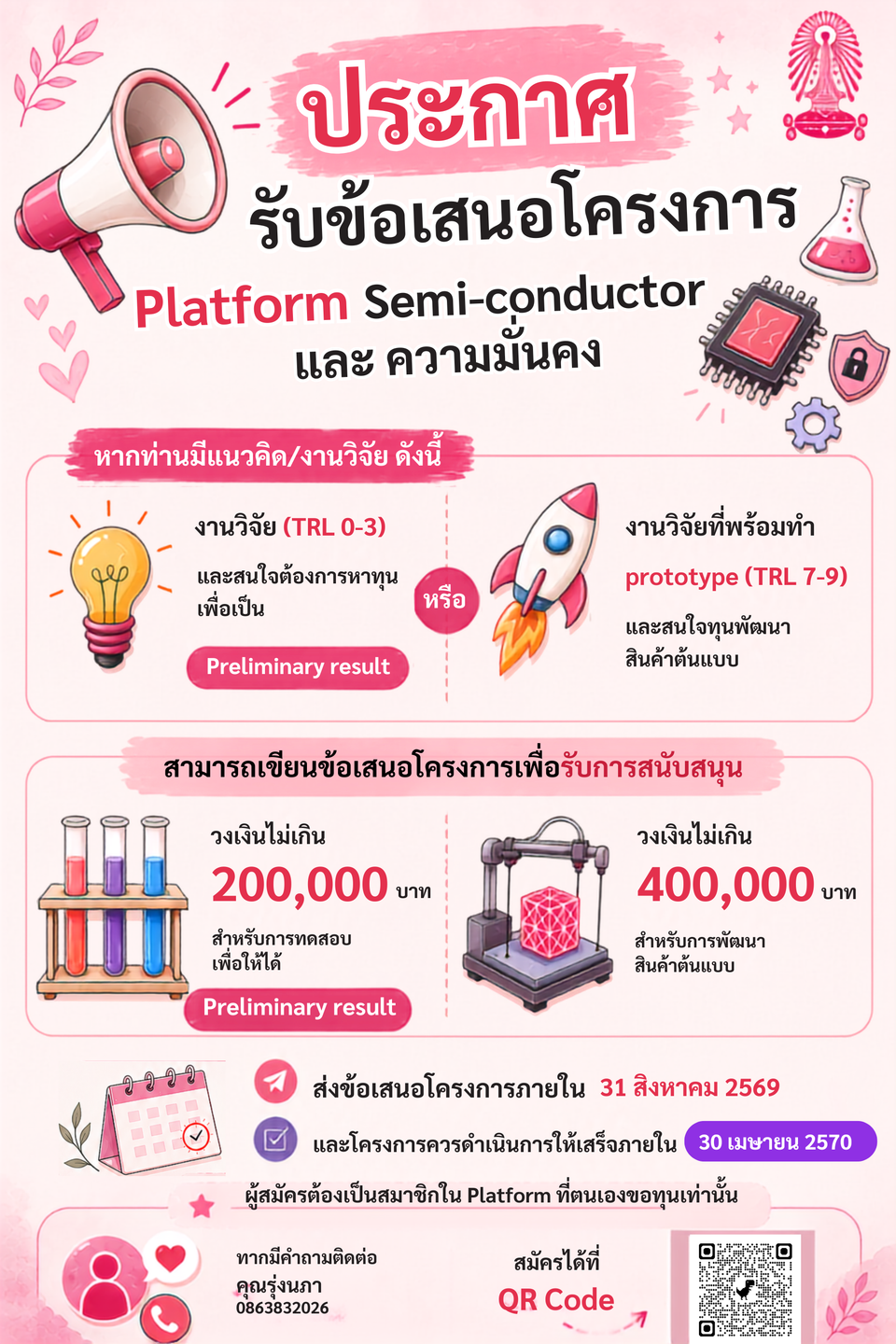 สำนักบริหารวิจัยประกาศรับข้อเสนอโครงการ Platform Semi-conductor และ ความมั่นคง