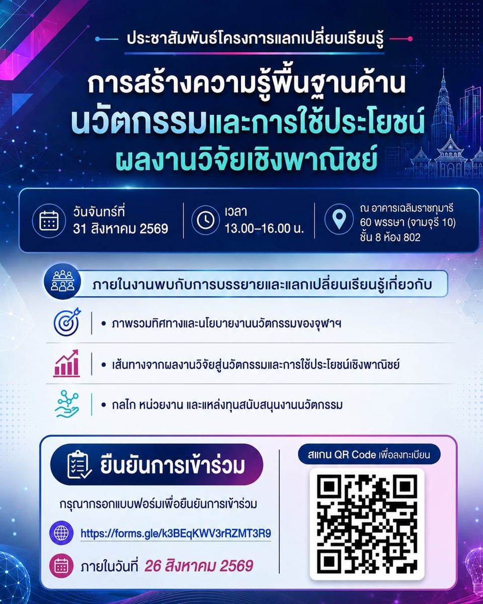 โครงการแลกเปลี่ยนเรียนรู้ เรื่อง "การสร้างความรู้พื้นฐานด้านนวัตกรรมและการใช้ประโยชน์ผลงานวิจัยเชิงพาณิชย์"