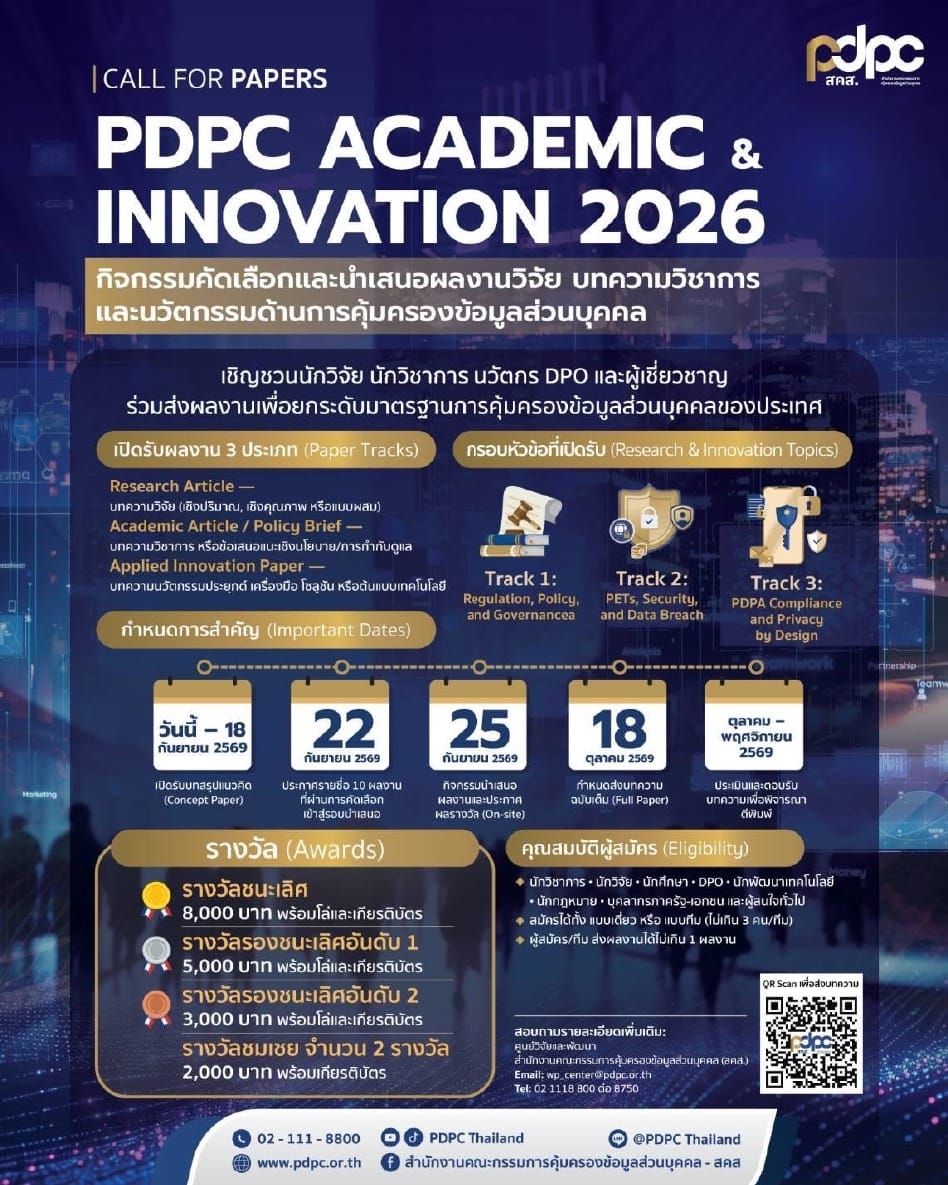 สคส. เชิญส่งผลงานเข้าร่วมการแข่งขันงานวิจัยและพัฒนานวัตกรรมด้านการคุ้มครองข้อมูลส่วนบุคคล เปิดรับ Concept Paper ถึง 18 กันยายน 2569
