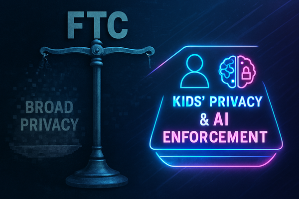 "FTC scales shift: 'Broad Privacy' fades, while 'Kids’ Privacy & AI Enforcement' glows with child, AI brain, and lock symbols."