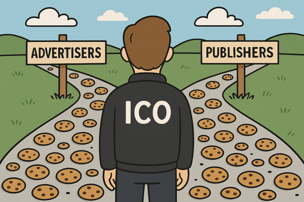 Image of a man in a black ICO jacket standing at a cookie-strewn crossroads. To the left a sign reads 'advertisers'; to the right,  a sign that reads 'publishers'. 