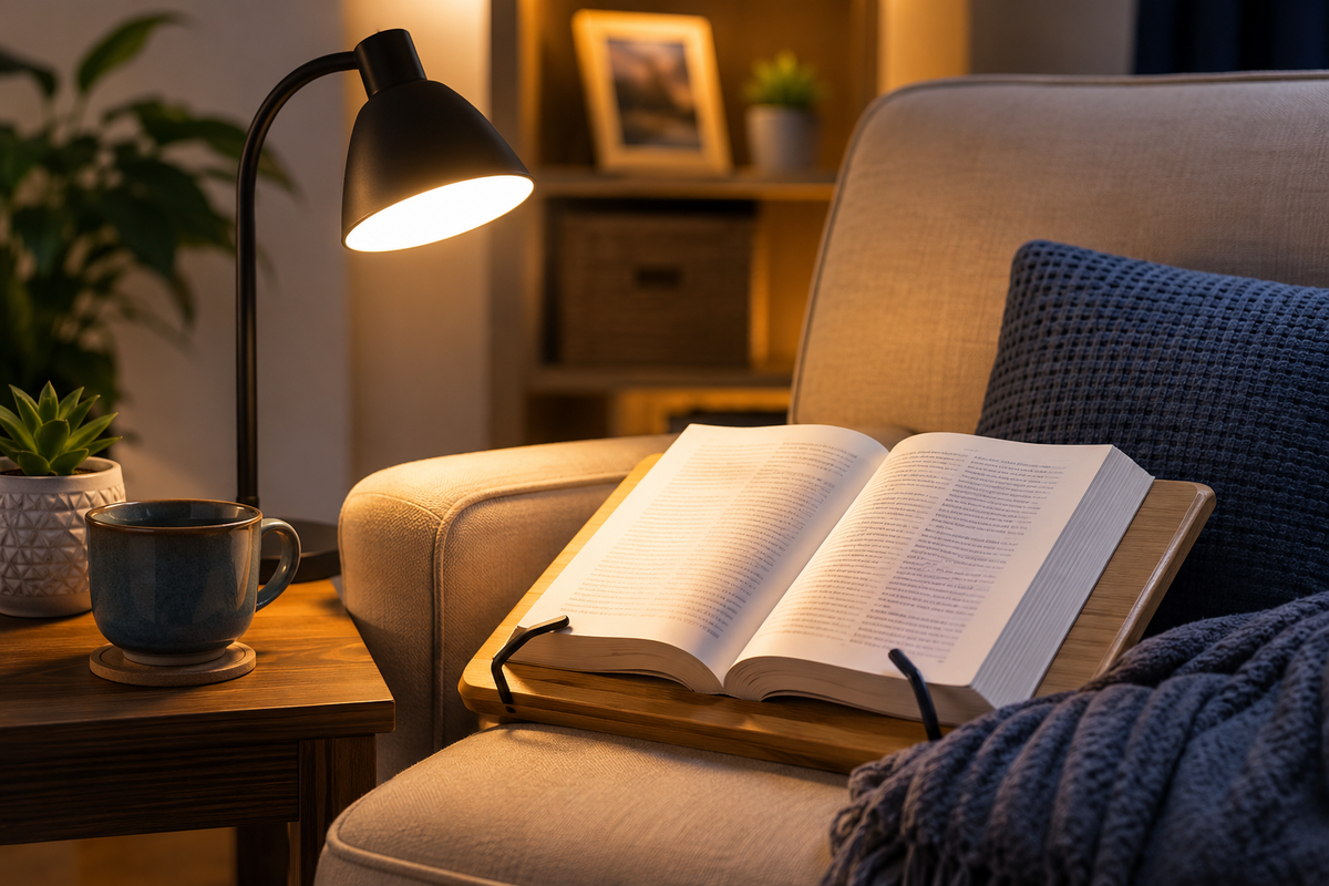 Open book on a reading stand illuminated by an adjustable task lamp beside a chair.
