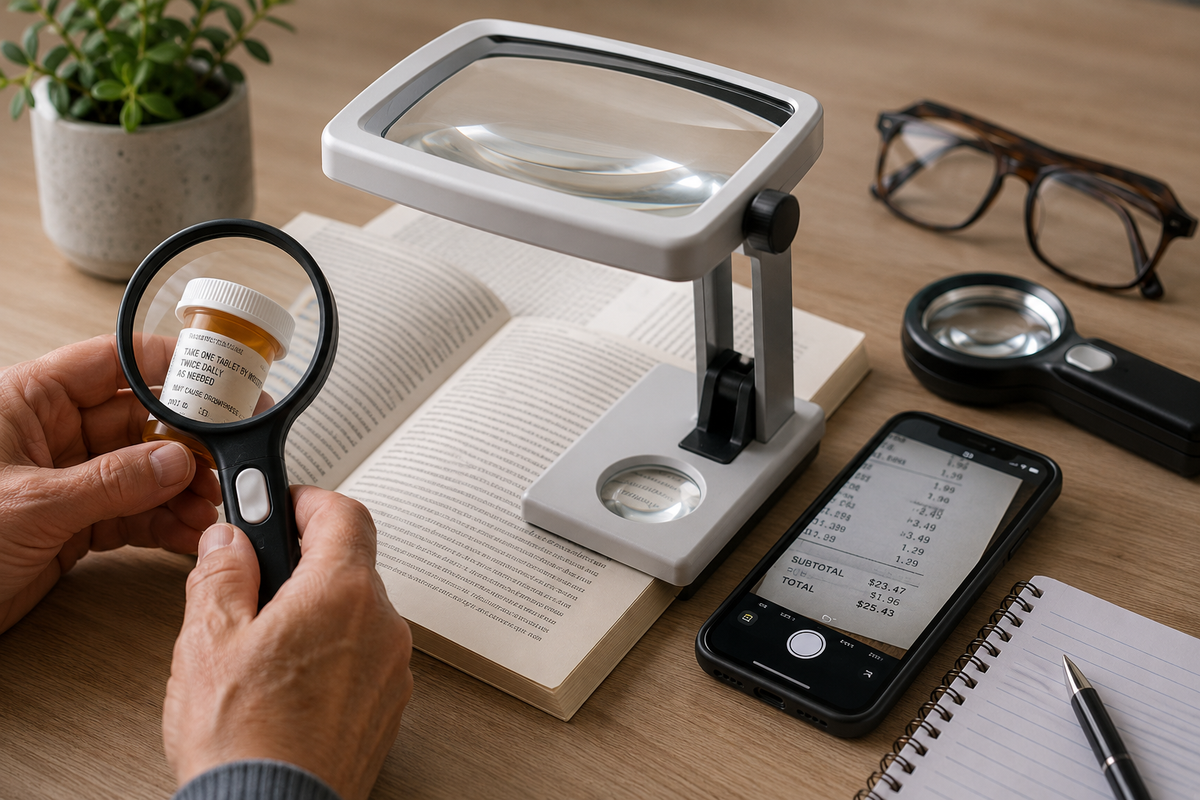 Handheld, stand, and smartphone magnification tools arranged for different reading and everyday tasks.