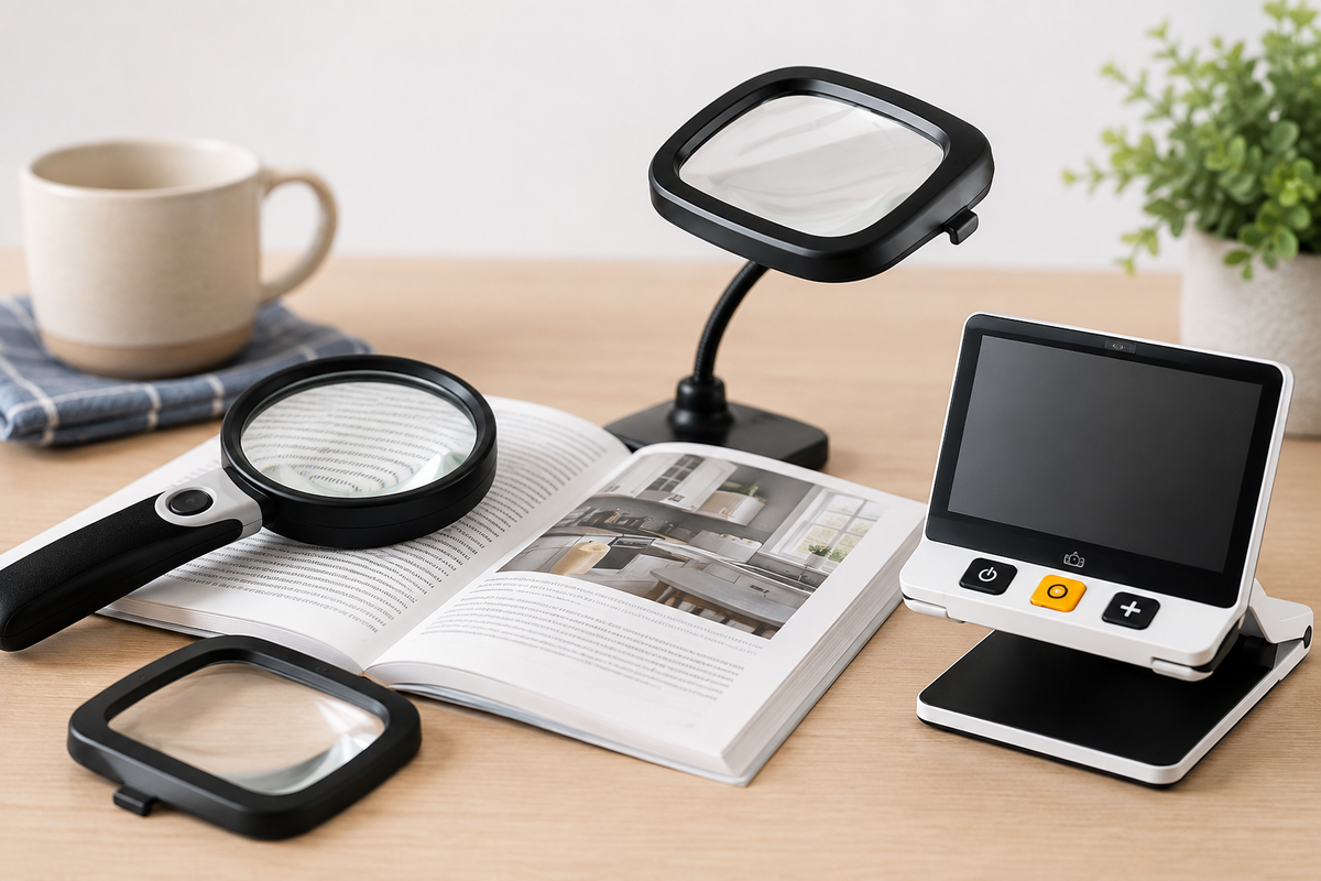     Handheld, stand, and electronic magnifiers arranged around an open book.