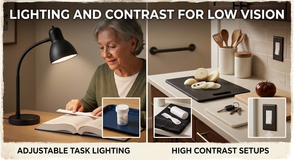A split graphic titled 'Lighting and Contrast for Low Vision.' The left side, labeled 'Adjustable Task Lighting,' shows an older woman reading a book under a black, adjustable gooseneck desk