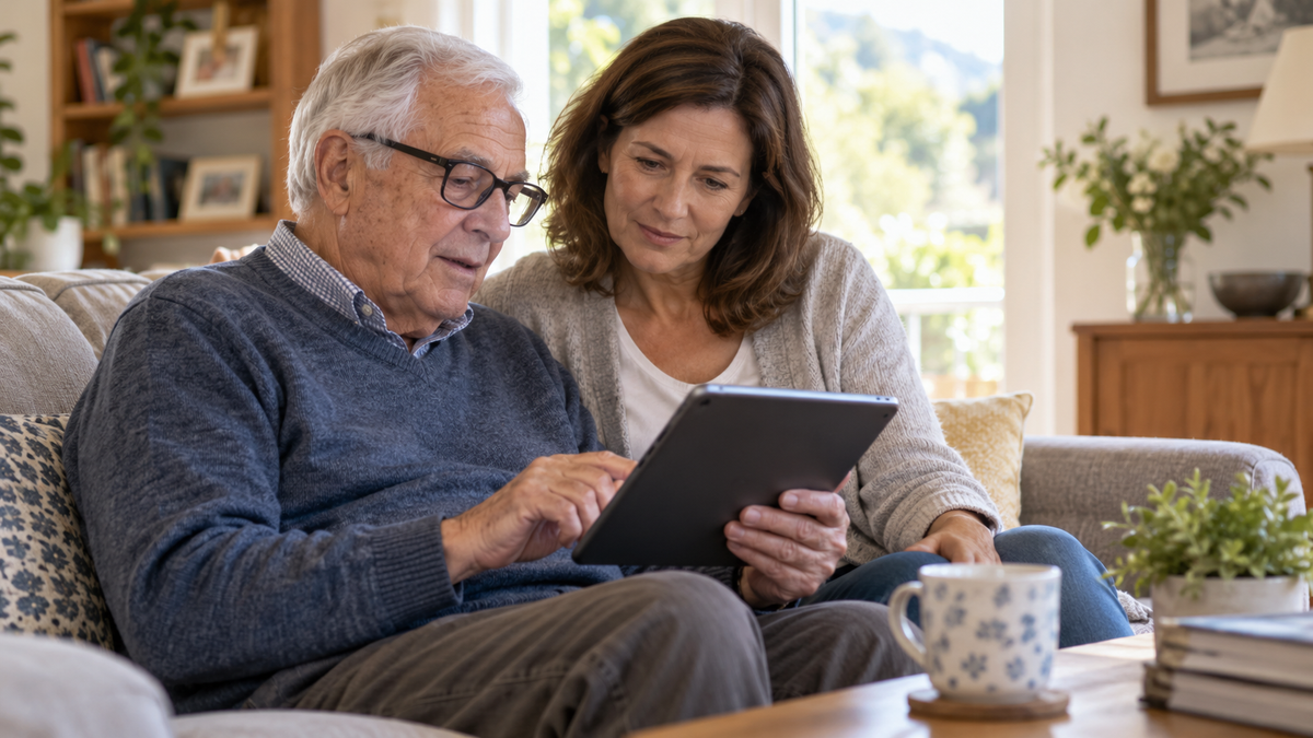 An older man wearing glasses holds and uses a tablet while a woman sits beside him, looking at the screen. They are seated together on a sofa in a sunlit living room.