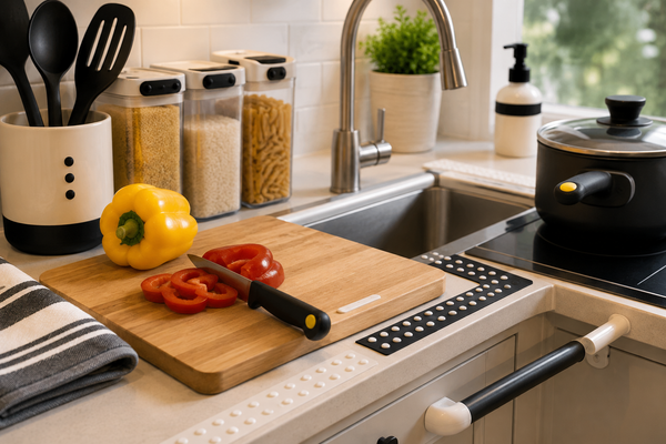 Accessible kitchen workspace with tactile markers, high-contrast food preparation tools, and contrasting surfaces.