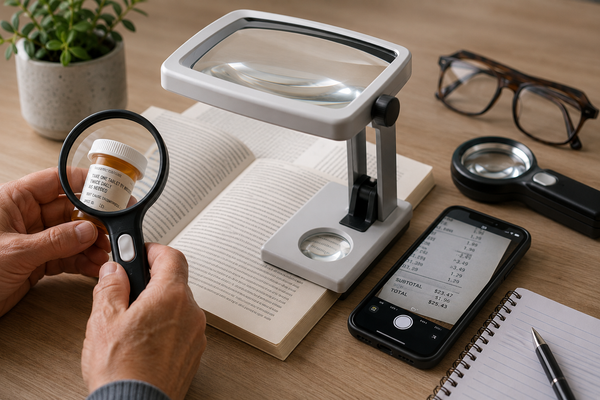 Handheld, stand, and smartphone magnification tools arranged for different reading and everyday tasks.