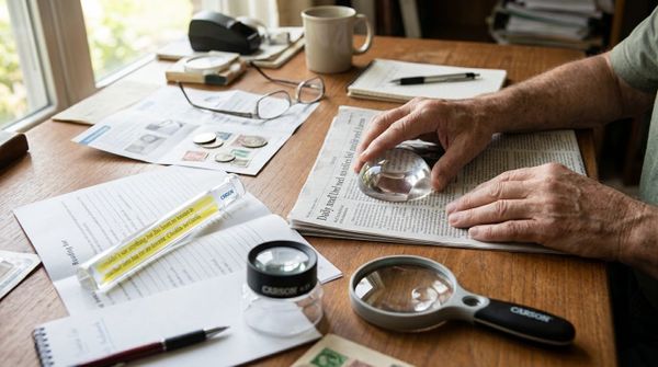 Illustration of a person using a dome magnifier on a newspaper, with a reading bar, handheld magnifier, and stand loupe on the table.