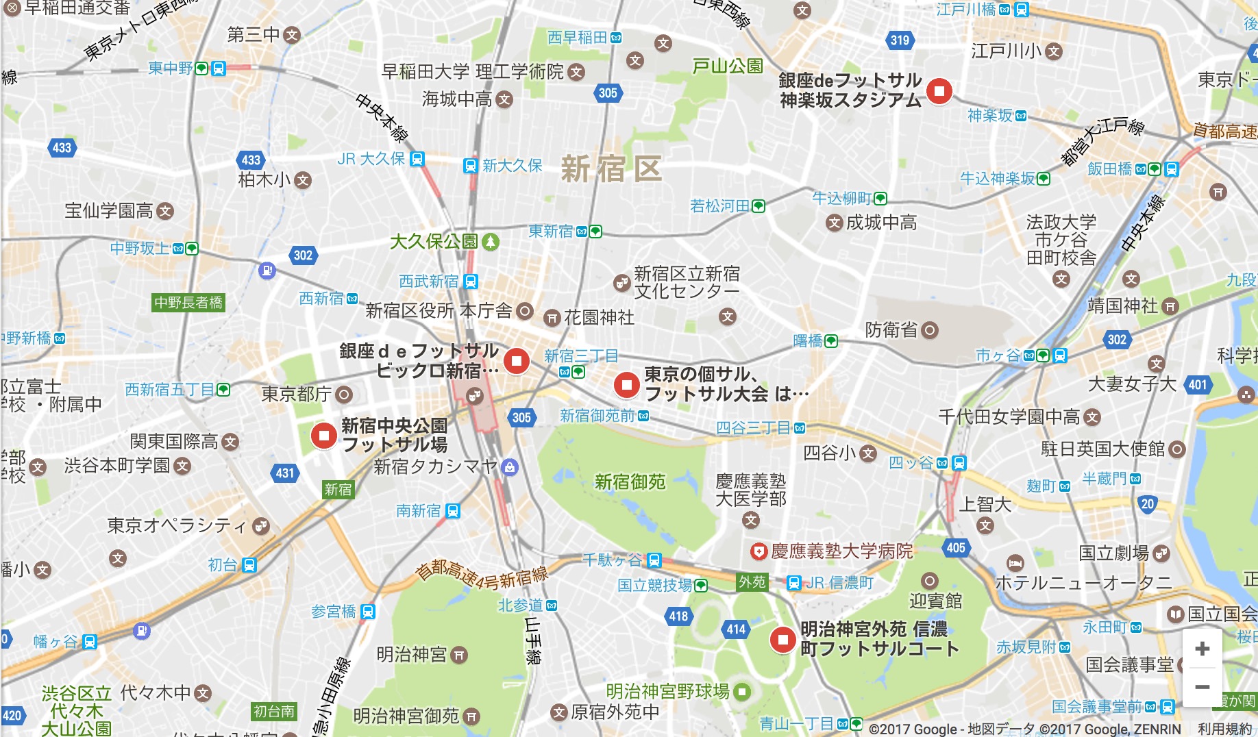 新宿のフットサル場のGoogleMap