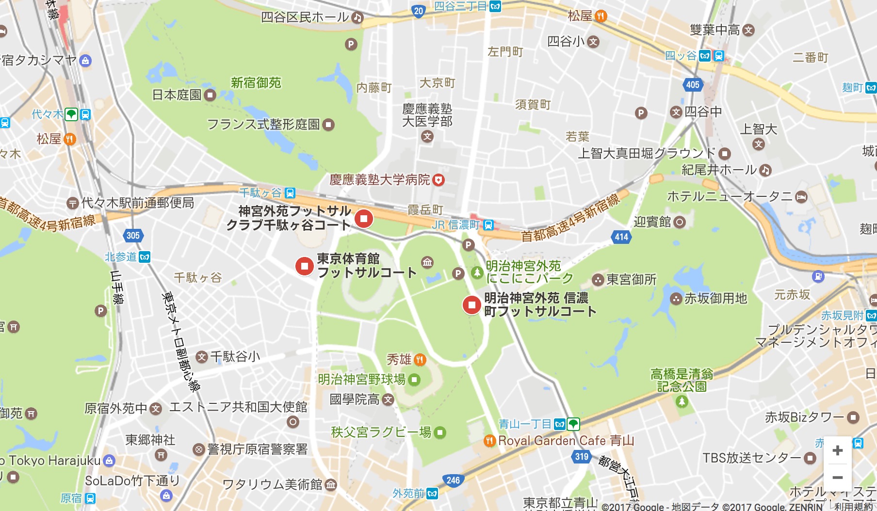 信濃町・千駄ヶ谷のフットサル場のGoogleMap
