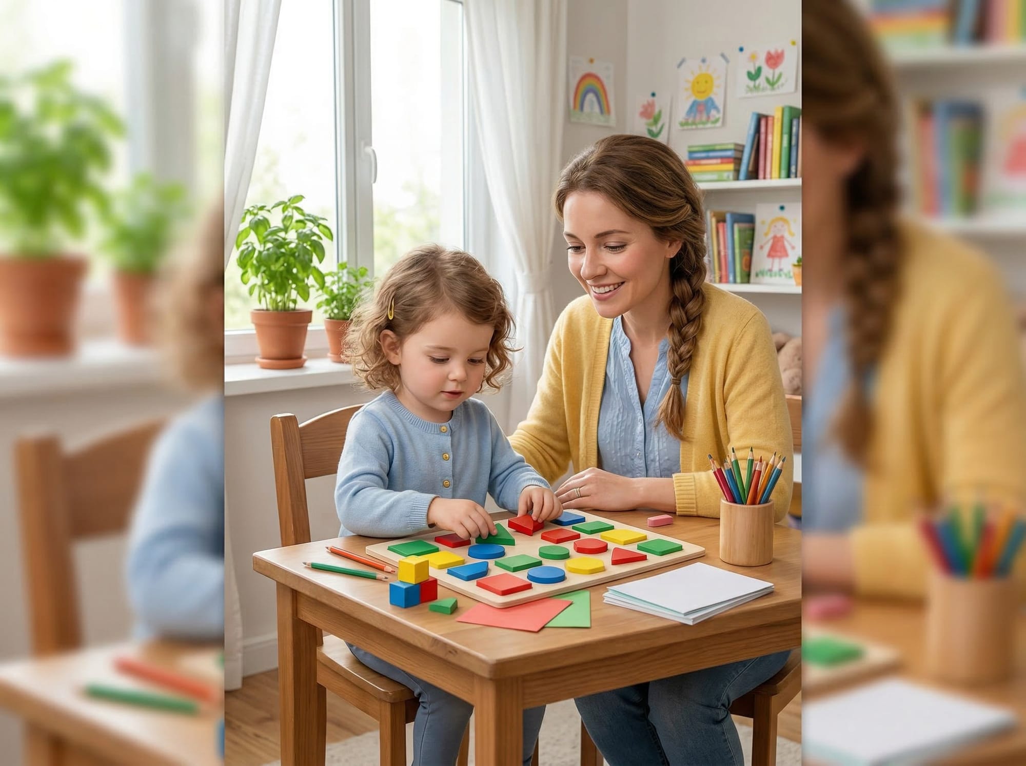 A photo of a mother and young daughter playing together at a table