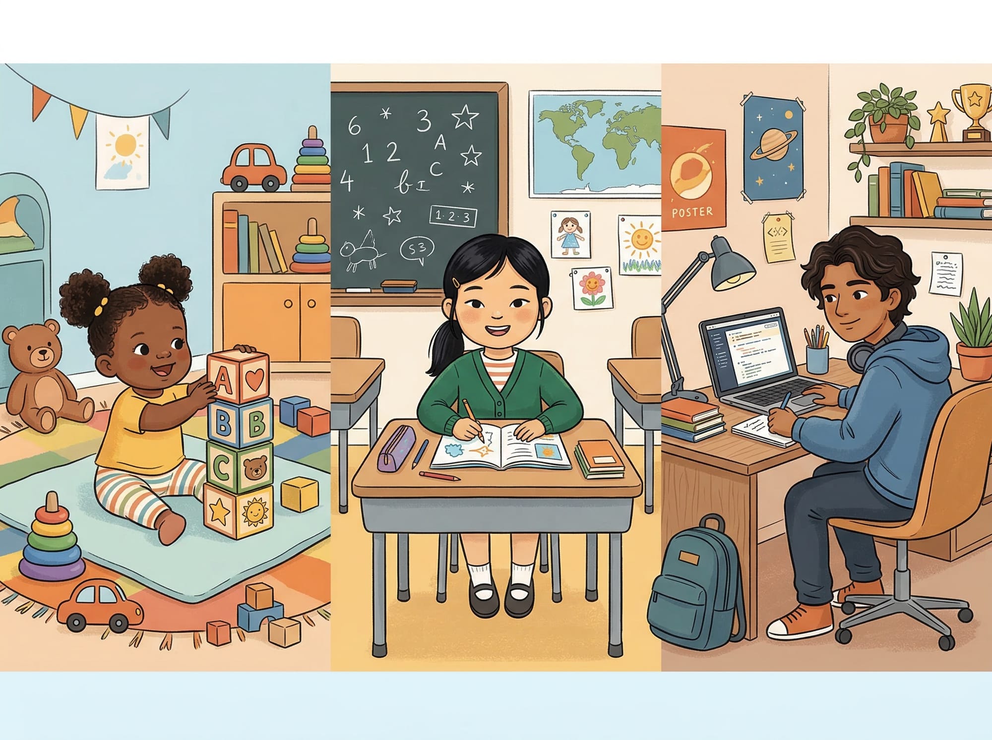 An infographic depicting the dAn illustration depicting three autistic children at different developmental stages: a toddler, an elementary-age child, and a teenager. Autism dpoes not get worse with age.