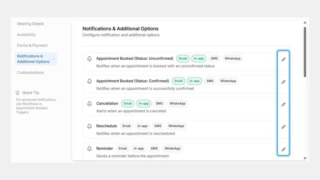 Notifications & Additional Options tab with reminder items and channel badges including WhatsApp
