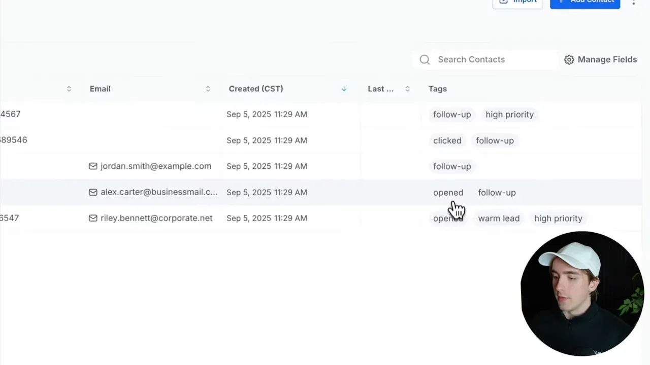 HighLevel contacts screen with tags column highlighted showing opened and follow-up tags