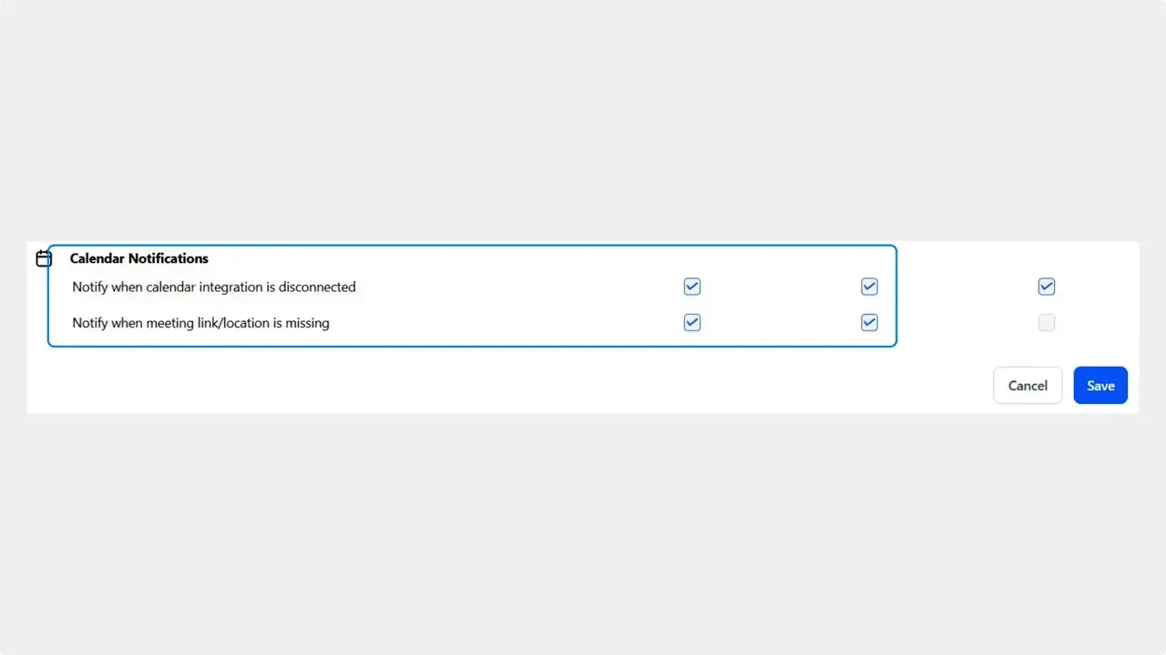 Calendar Notifications settings panel showing checkboxes for 'Notify when calendar integration is disconnected' and 'Notify when meeting link/location is missing' with a blue Save button at the bottom right.