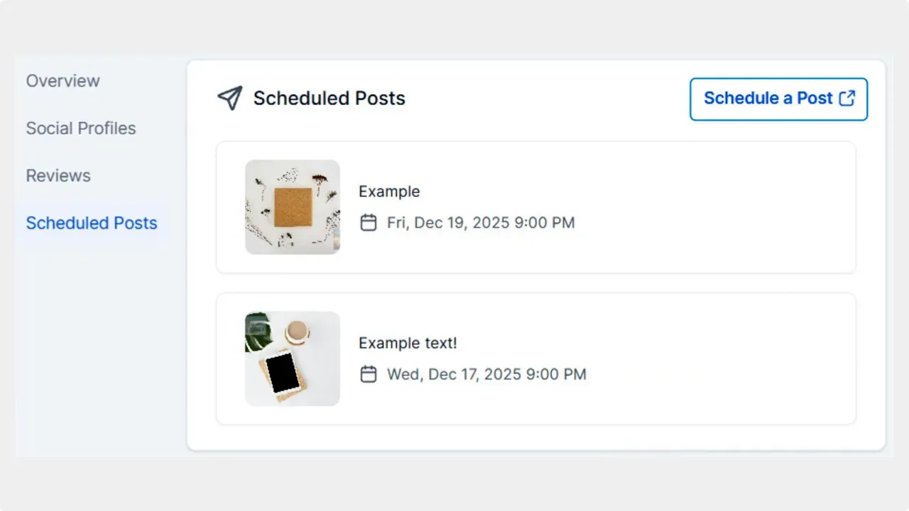 GBP Scheduled Posts screen with a visible 'Schedule a Post' button and example queued posts