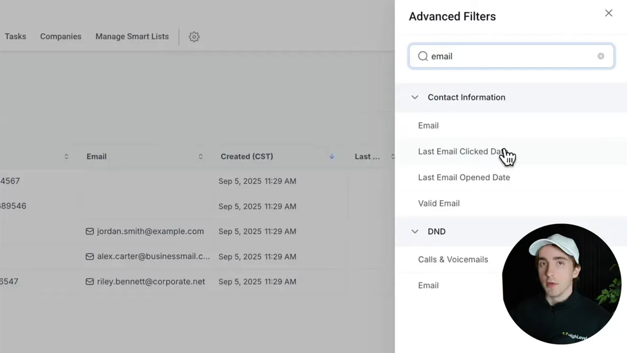 Advanced Filters panel in HighLevel with the cursor over 'Last Email Clicked Date'—used to filter recent clicks.