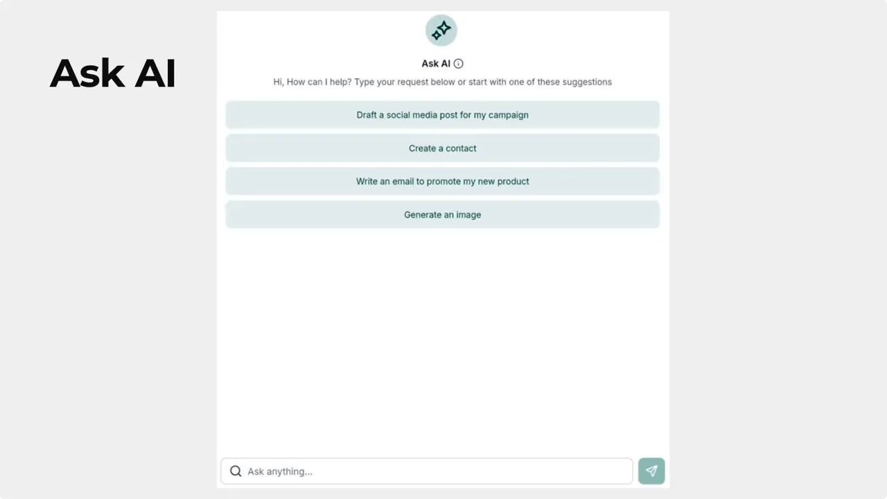 Mobile app Ask AI screen showing suggested prompt buttons (e.g., 'Draft a social media post') and the bottom message input.