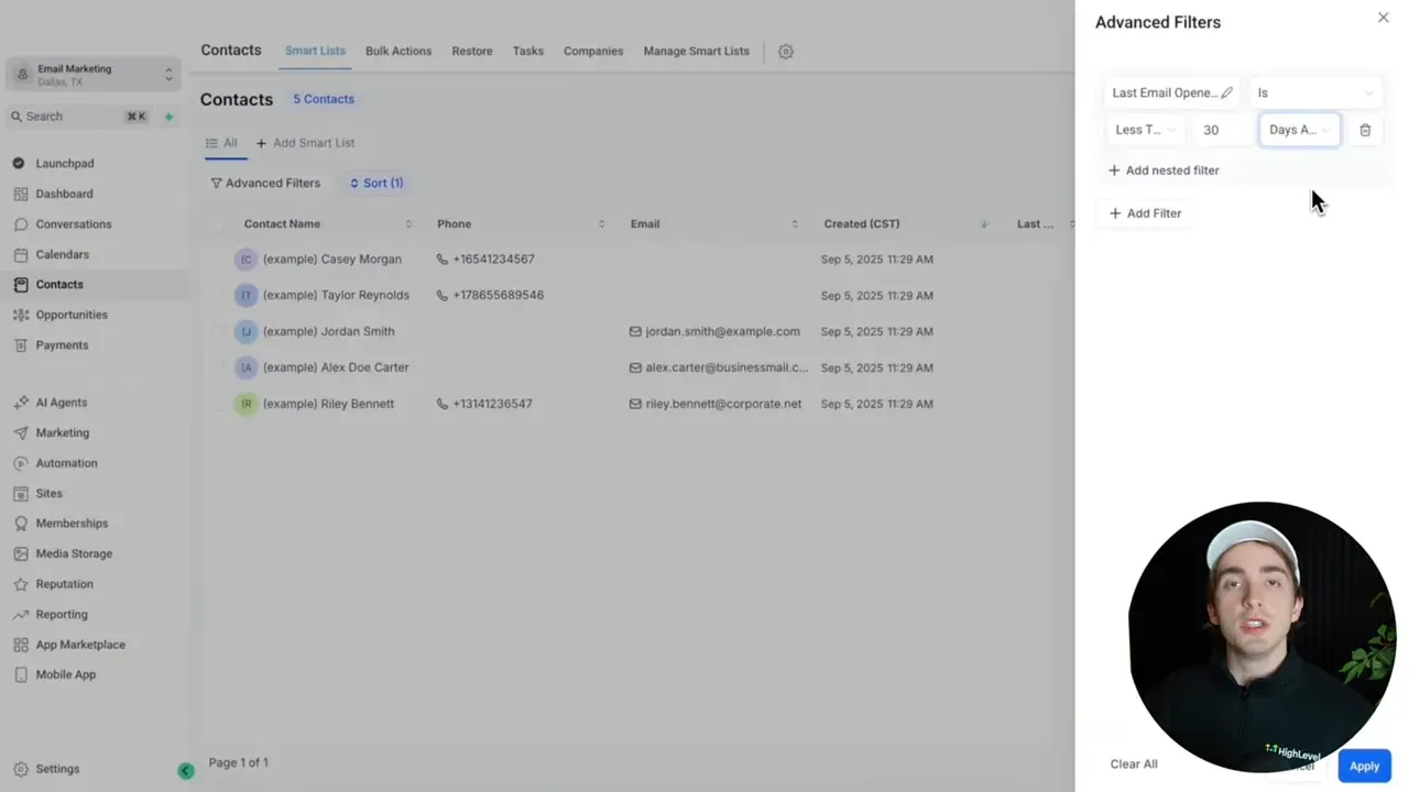 HighLevel contacts screen showing left navigation, contacts table and Advanced Filters sidebar with time-based filter set