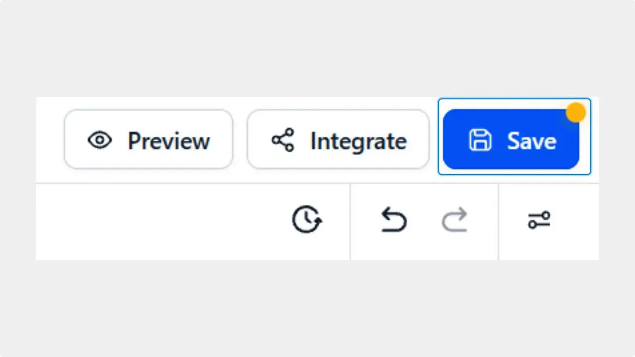 Builder toolbar showing Preview, Integrate, and a highlighted blue Save button.
