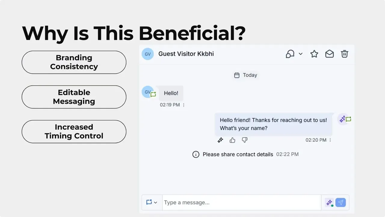Chat conversation screenshot displaying an agent message and a system prompt that reads 'Please share contact details' to illustrate customizing the contact form text.