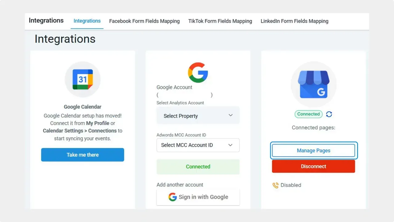 Integrations tab inside account settings