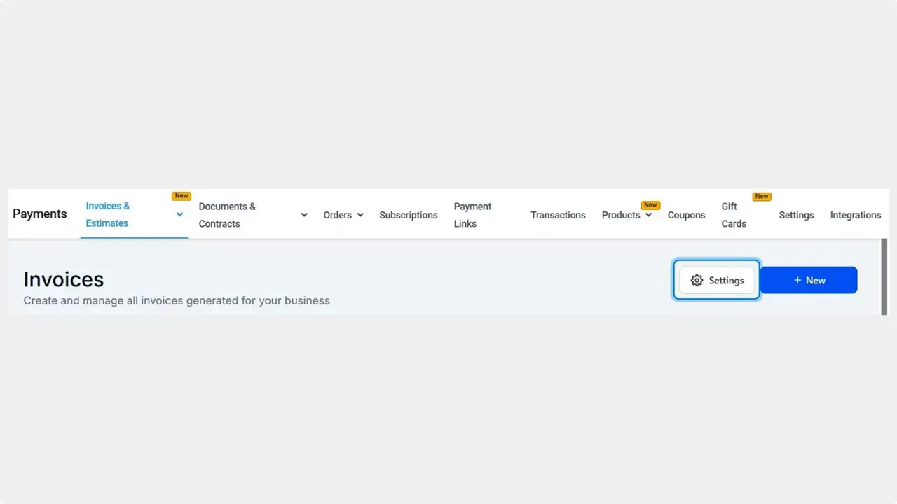 Invoices page under Payments with the Settings button highlighted.