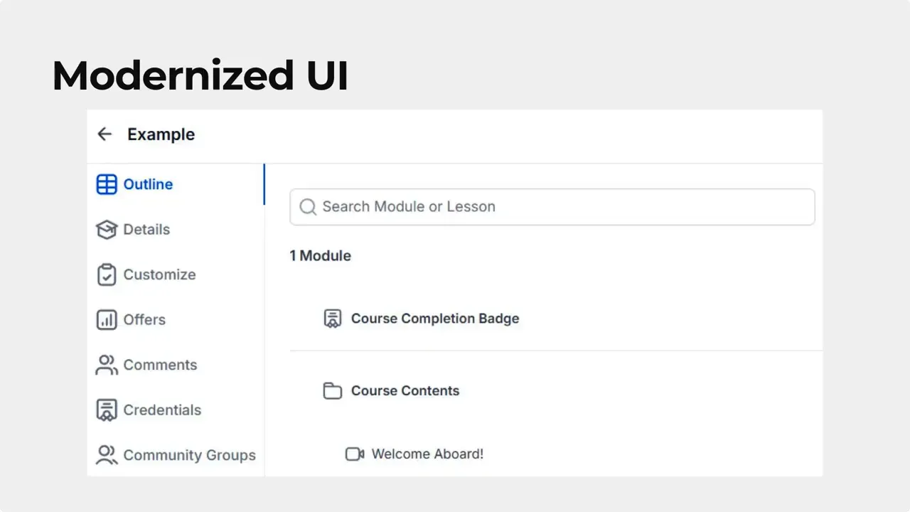 Screenshot of modernized course builder UI showing sidebar outline, search bar and course items