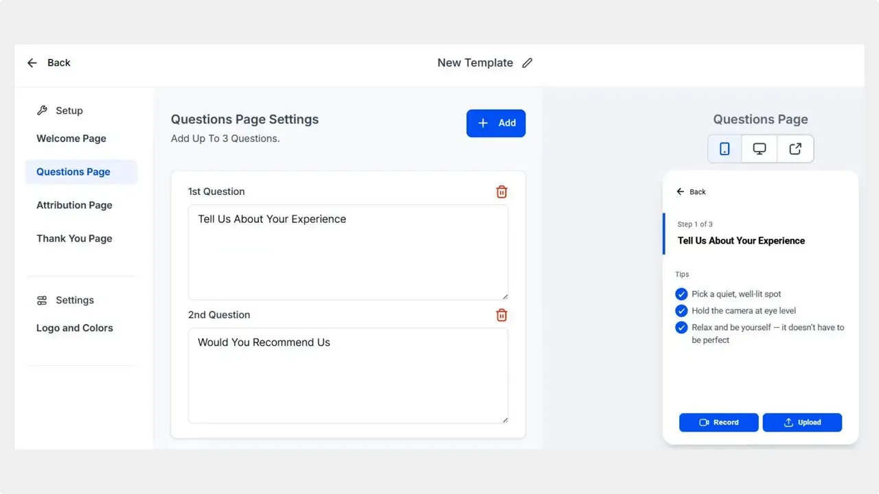 Pinnacle Questions Page settings showing two question prompts and a mobile preview with recording tips and record/upload buttons.