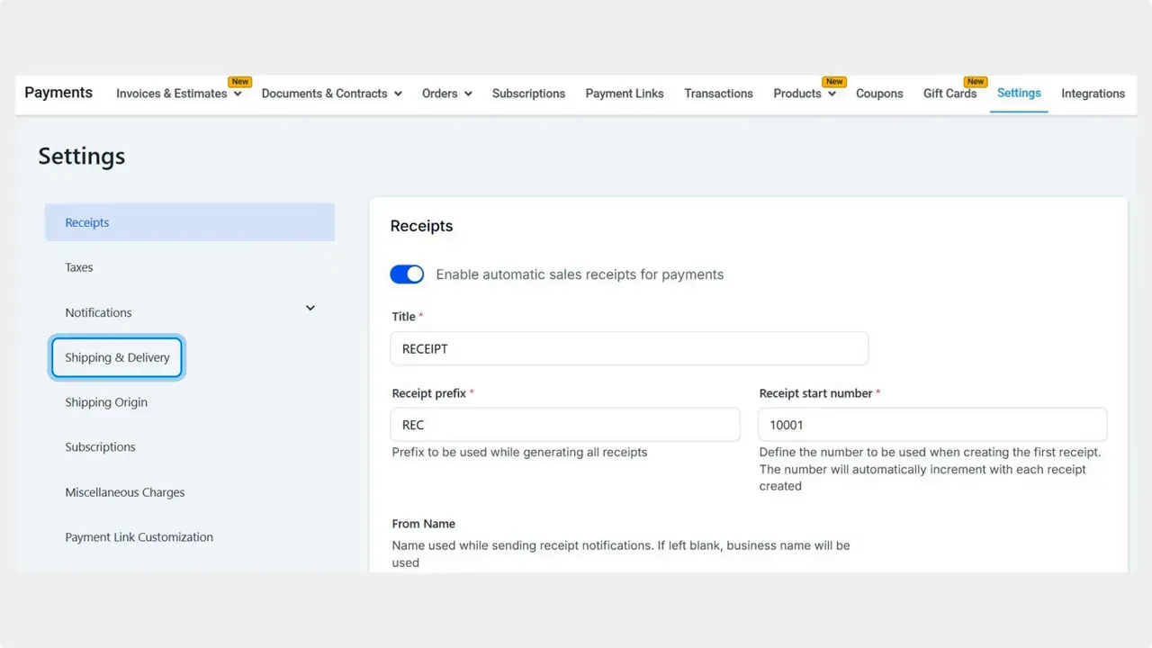 Payments settings screen with 'Shipping & Delivery' highlighted in the left menu