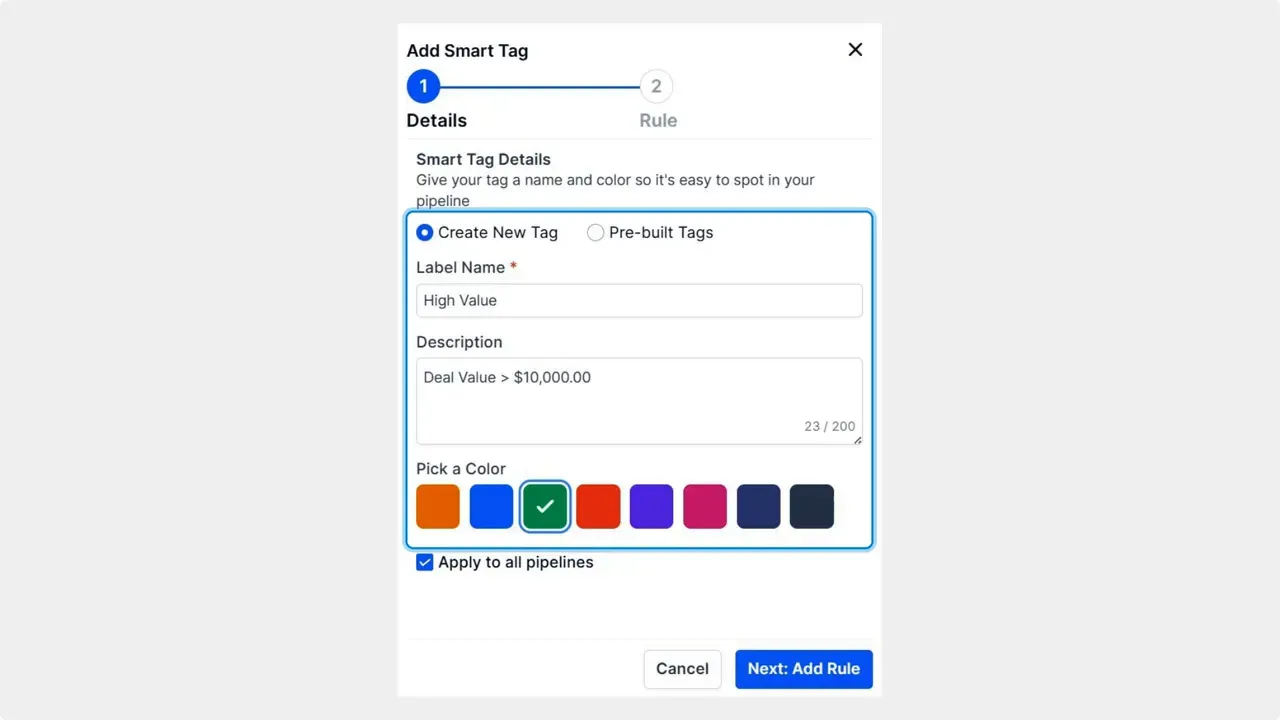 Add Smart Tag dialog where you set name and color