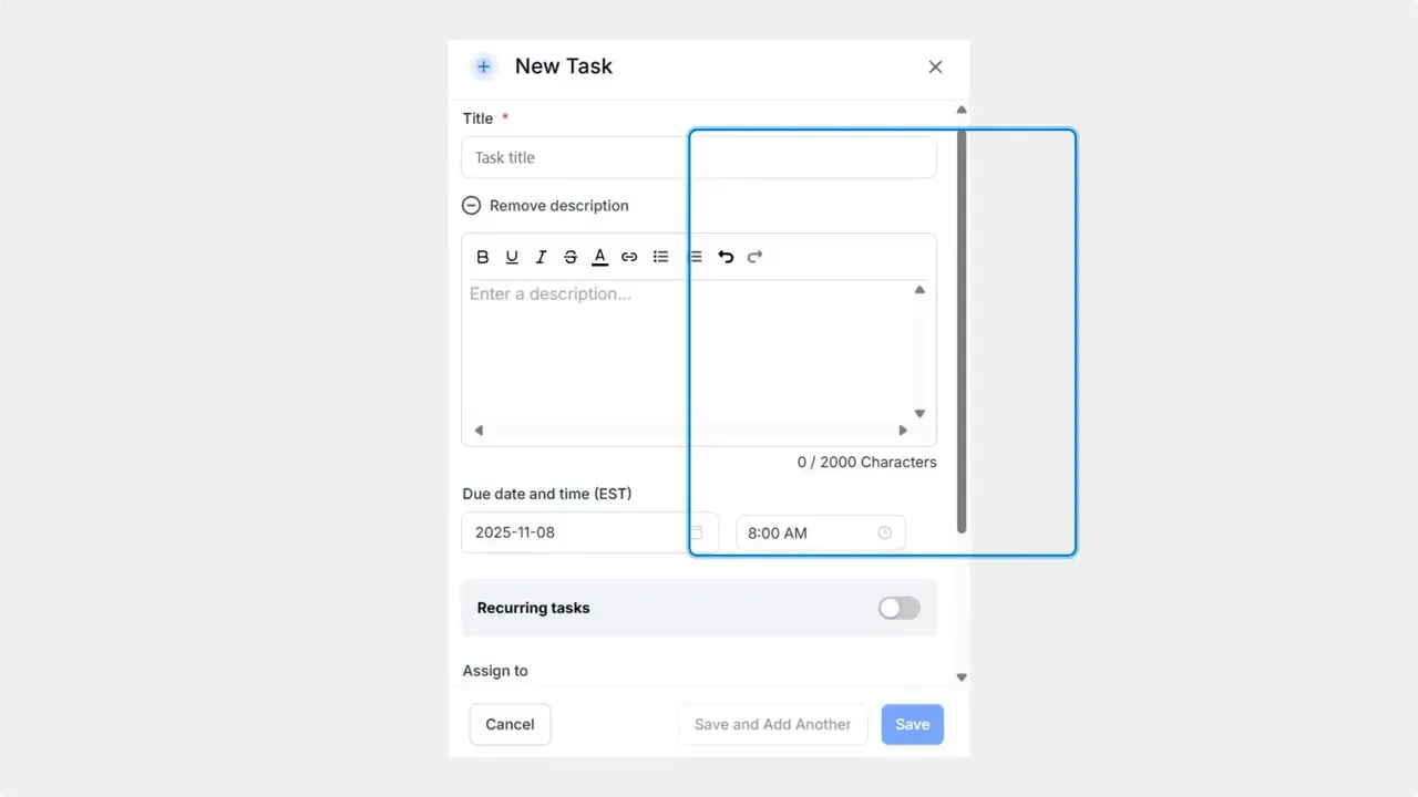 CRM New Task form showing title field, description box, due date/time and Save button.