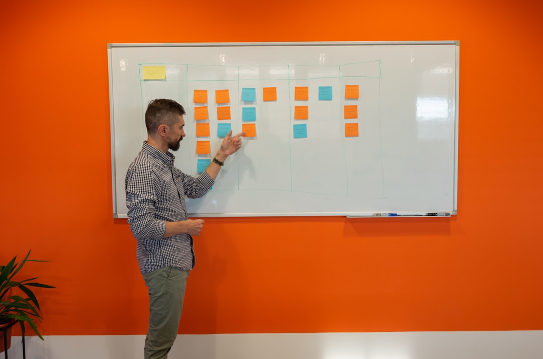 team brainstorming at whiteboard office