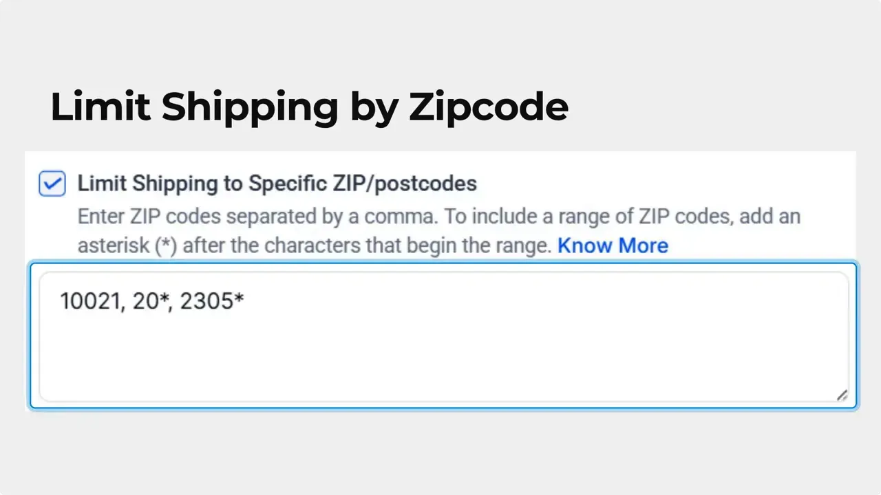 Screenshot of postcode input field showing example codes '10021, 20*, 2305*' and a checkbox to limit shipping to specific ZIP/postcodes.