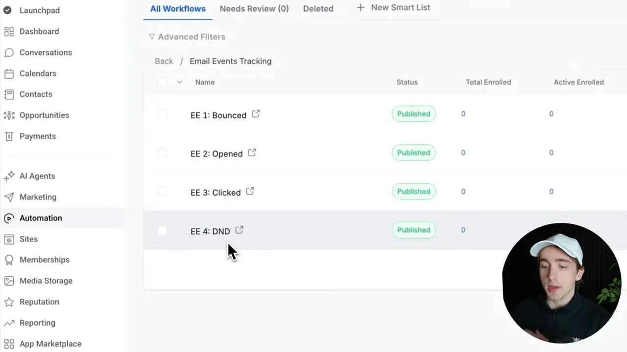 HighLevel workflow list showing EE 1: Bounced, EE 2: Opened, EE 3: Clicked, EE 4: DND