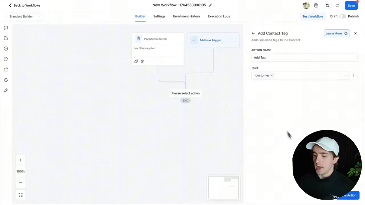 HighLevel workflow showing a Payment Received trigger and Add Contact Tag action with tag 'customer' selected