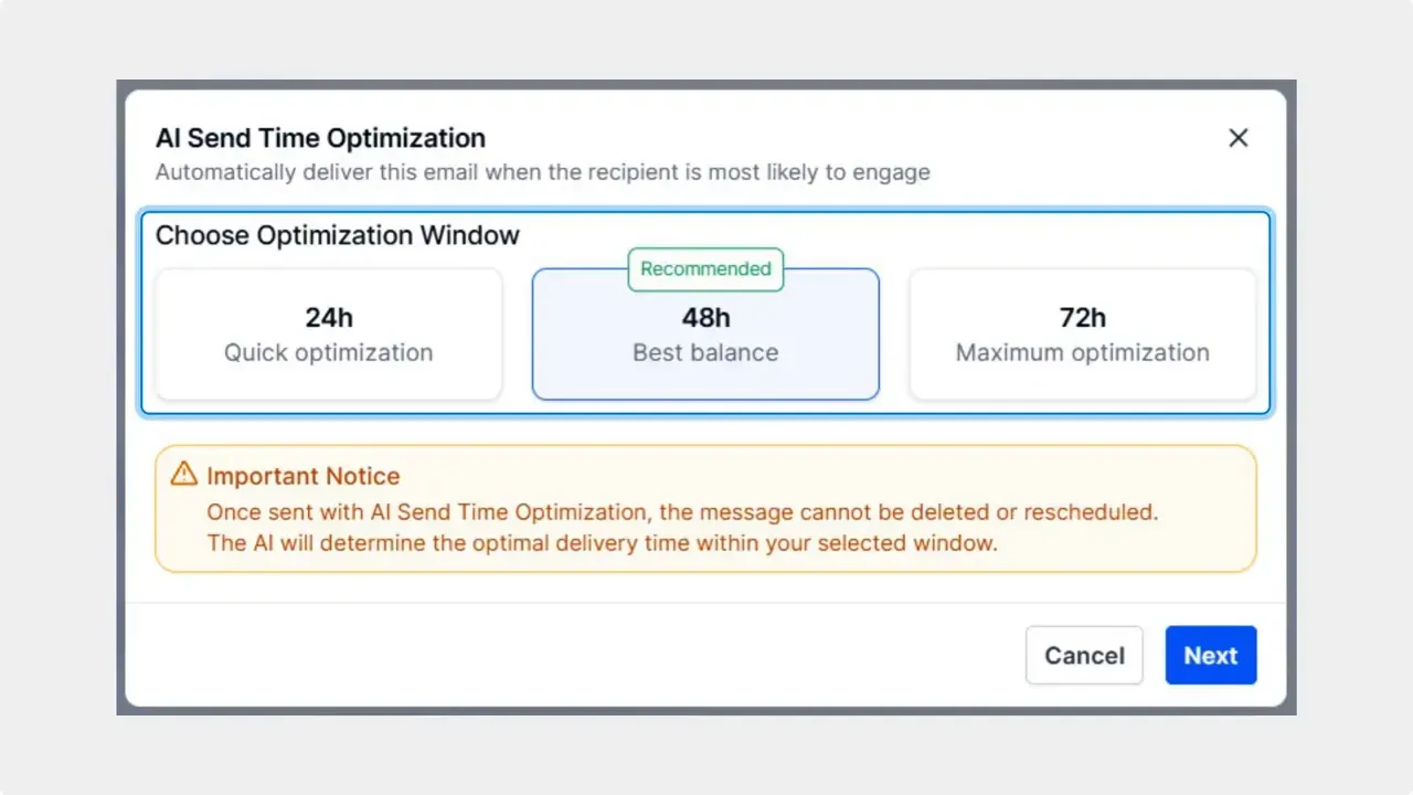 AI Send Time Optimization dialog with 24h, 48h (recommended), and 72h options