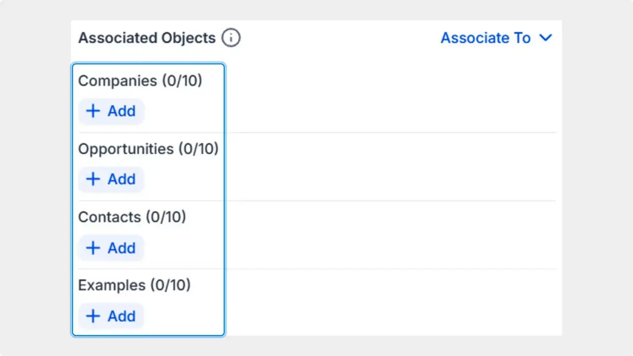 Associated Objects panel showing Companies, Opportunities, Contacts and + Add buttons