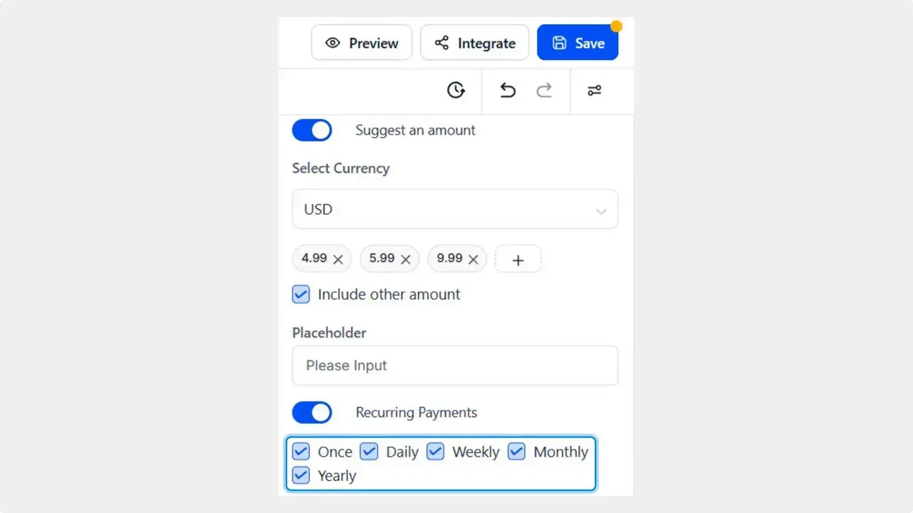 Form settings with Recurring Payments enabled and frequency options checked: Once, Daily, Weekly, Monthly, Yearly.