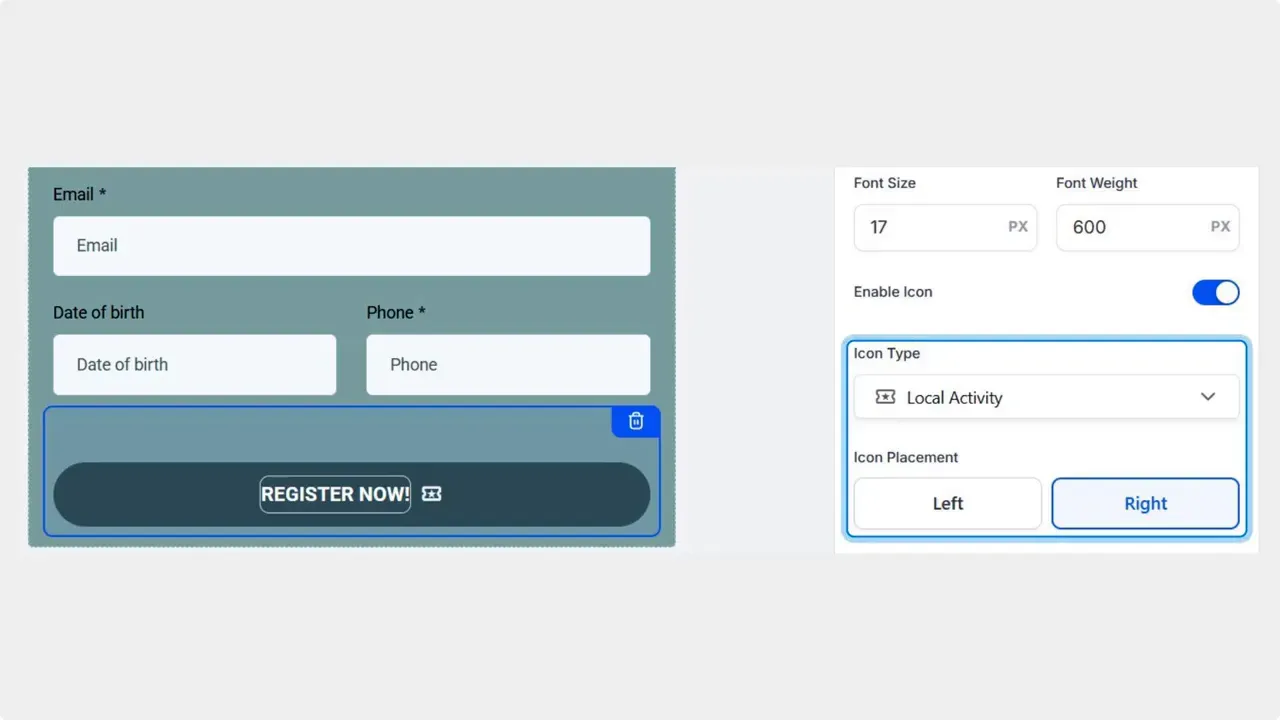 Form builder showing a submission button preview with an icon and the Element Settings panel displaying Icon Type dropdown and Icon Placement (Left / Right) with placement set to Right.