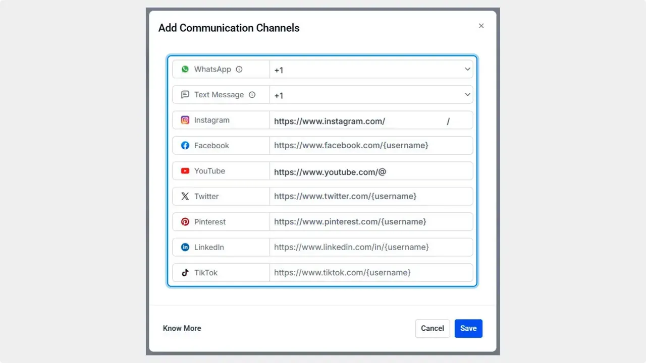 List of channels to connect or option to type usernames